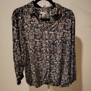 Croft & Barrow Women's Button Front Long Sleeve Blouse Size XL Rayon Blue Print
